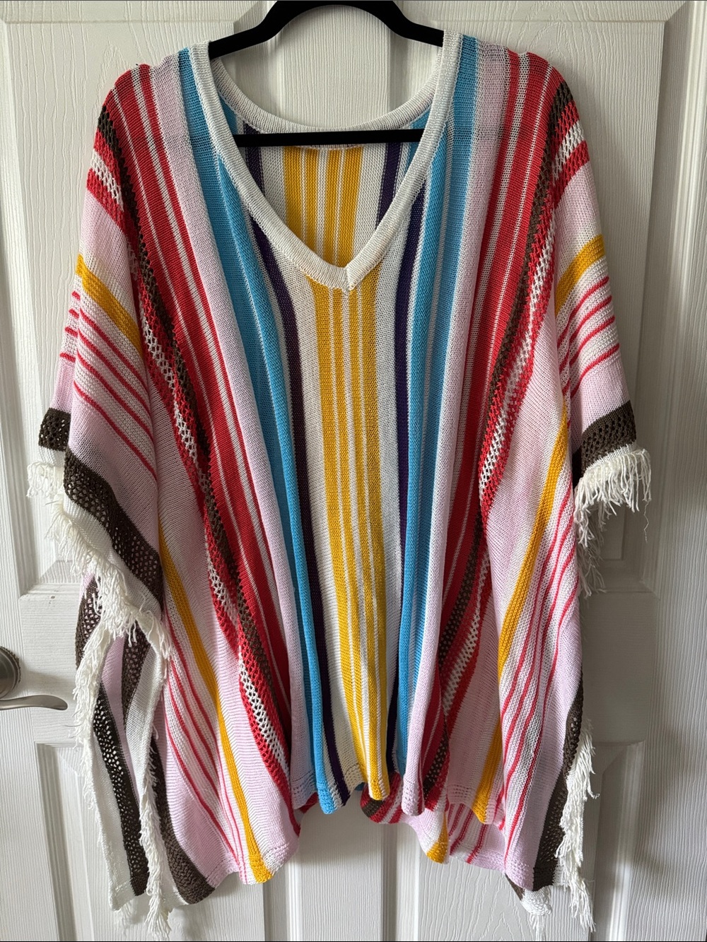 Striped V-Neck Fringe Poncho - Multicolor Stripes